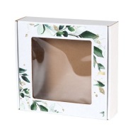 BIELA ​​krabička s OKNO 200x200x50mm potlač LISTOV Darčeková krabička