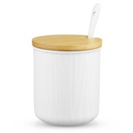 PORCELÁNOVÁ MISKA NA CUKOR S BAMBUSOVÝM viečkom A LYŽIČKOU NÁDOBOU NA CUKOR