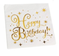Papierové obrúsky s potlačou Happy Birthday k narodeninám, biele zlato, 10 ks