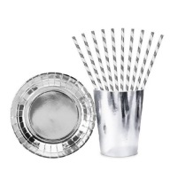 Strieborné narodeninové papierové poháre, taniere, slamky, narodeninový set