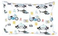 Detská biela obliečka na vankúš z bavlny, policajné auto, helikoptéra, autá, 50x70