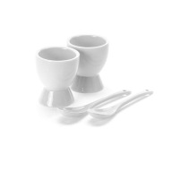 Porcelánové poháre na vajíčka s bielymi lyžičkami, sada 4 ks