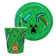sada pixelových tanierov a pohárov na minecraft na narodeninovú grilovačku
