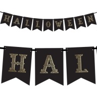 HALLOWEENSKÝ PANANER ČIERNOZLATÝ NÁPIS GARLANDA 20 CM X 175 CM