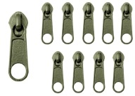 Kovový posúvač pre 5 mm špirálový páskový strojček khaki OLIVE 10 ks.