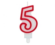 Narodeninová sviečka číslo 5, biela s červeným obrysom, 7 cm