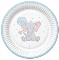 Modré papierové taniere ELEPHANT One Year Baby Shower Birthday 18cm 8ks
