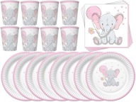 BABY SPRCHOVÁ súprava taniere, šálky, obrúsky, SLON, ružová, narodeninová oslava