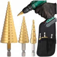 Stupňovité vrtáky, 3 ks, oceľ, sada, kužeľové, 4-32 mm, na drevo, plech