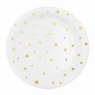 BIELE papierové taniere so zlatými hviezdičkami, 18 cm, 6 ks, na narodeniny