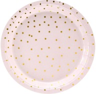RUŽOVÉ papierové taniere so zlatými bodkami 18 cm x6 narodeninové jednoročné bodky