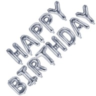 Strieborné narodeninové balóny s nápisom Happy Birthday na narodeninovú girlandu
