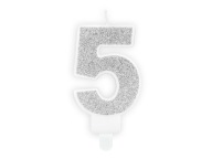 Sviečka 5 k narodeninám, strieborné trblietky, 7 cm