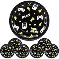 Guľaté papierové taniere Gamer, čierne, 23 cm, 6 ks