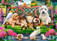 Puzzle 180 Puzzle ZVIERATÁ NA LAVIČKE V PARKU Mačky Psy Papagáje 7+ Kolieska