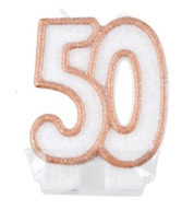 Sviečka k 50. narodeninám, biela, zlatá trblietavá torta