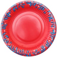 NECH SNEŽÍ papierové TANIERE, vianočné ČERVENÉ, modré listy, 18 cm