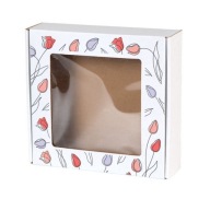 BIELA ​​krabička s OKNO 200x200x50mm potlač TULIPS Darčeková krabička