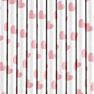 Biele papierové slamky s ružovými srdiečkami, 19,5 cm