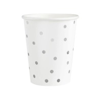 Jednorazové BIELE HRNČEKY so striebornými narodeninami DOTS