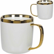 Biely keramický hrnček so zlatým okrajom a zlatým uškom na kávu, 350 ml