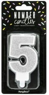 Narodeninová sviečka 5 SILVER GLITTER na tortu FIVE