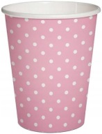 Ružové papierové poháre s bielymi bodkami Birthday Baby Shower 250ml 8 ks.
