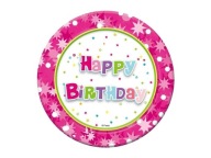 Papierové taniere Happy Birthday (ružové) 18 cm, 6 ks.