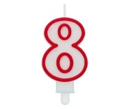 Narodeninová sviečka číslo 8, biela s červeným obrysom, 7 cm