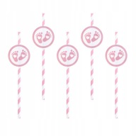 Slamky na pitie Baby Shower Pink Feet Stork Birthday 10ks