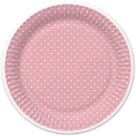 Papierové taniere ružové s bielymi bodkami Bodkovaná narodeninová párty 18cm 8ks.