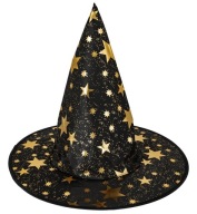 Čierno-zlaté halloweenske karnevalové maškarné šaty s čarodejníckym klobúkom