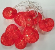 Bavlnené guličky Heart Red srdiečkové lampy 10ks LED 4cm
