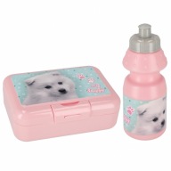 Raňajková súprava DO ŠKOLY, box + fľaša na vodu, PSI, ružová