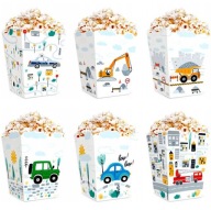 Krabice popcorn chipsy AUTA autá STAVBA vozidlá sladkosti narodeniny