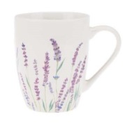Porcelánový hrnček na kávu, čaj, LEVANDUĽA, 350 ml, mliečne biela, kvety levandule