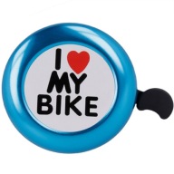 Cyklistický zvonček na bicykel s nápisom Milujem svoj bicykel, hlasný, pekný a modrý