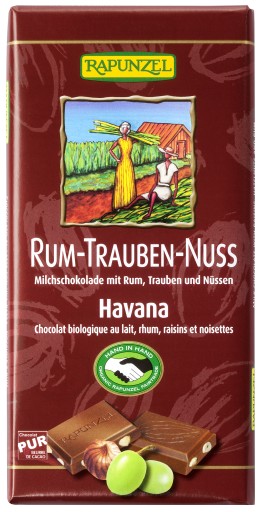 MLIEČNA ČOKOLÁDA S HROZENKAMI, RUMOM A LÍSKOVÝMI ORIEŠKAMI FAIR TRADE BIO