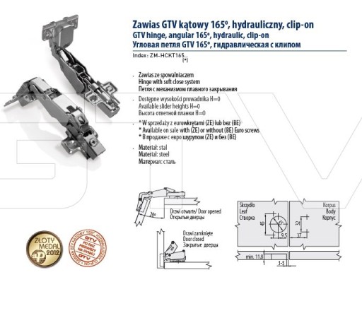 GTV PRESTIGE 165 ' samozatvárací nábytkový pánt