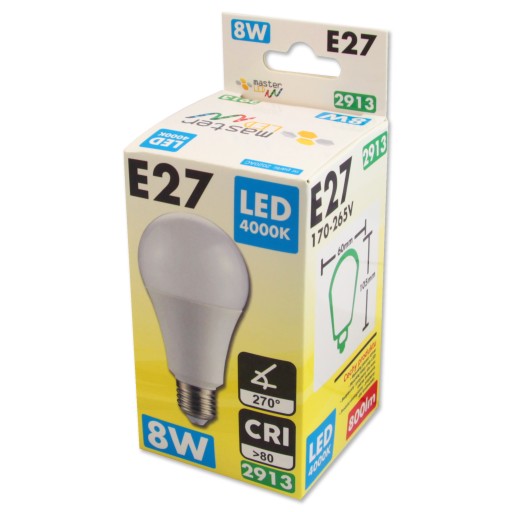 E27 LED žiarovka 2835 SMD 800lm 8W guľa A60 230V Neutral Biela