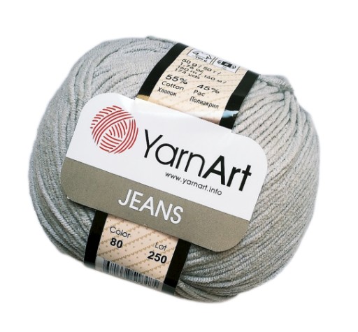 50 g priadze, 55 % bavlna 45 % akryl, YarnArt Jeans svetlo šedá 80