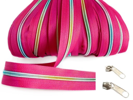 Páska na zips 5 mm, špirála, dúhový zips, metrový, RUŽOVÝ, 5 metrov