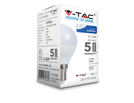V-TAC SAMSUNG CHIP LED žiarovka 5,5W E14 P45 Ball 3000K HEAT