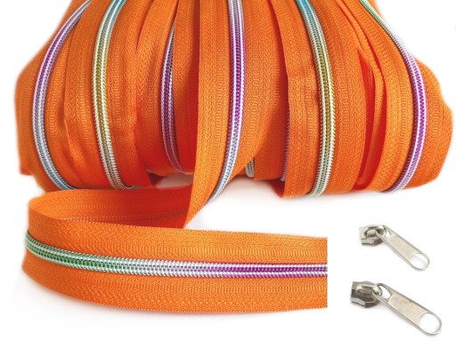 Dúhová špirálová páska na zips, zips 5 mm, ORANŽOVÁ, 1 meter + 2 zipsy