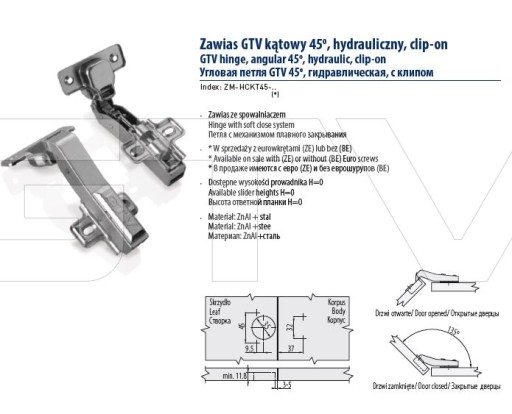 GTV prestige 45' rohový nábytkový pánt DOMYK