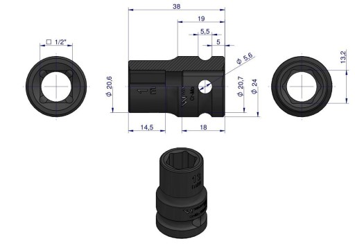 Nárazová hlavica 6-bodová 1/2' 13mm WARYŃSKI