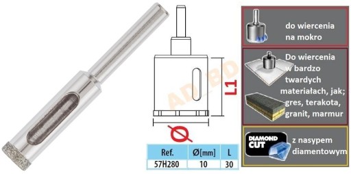 Diamantový vrták na kameninu 10 mm dierová píla 57H280