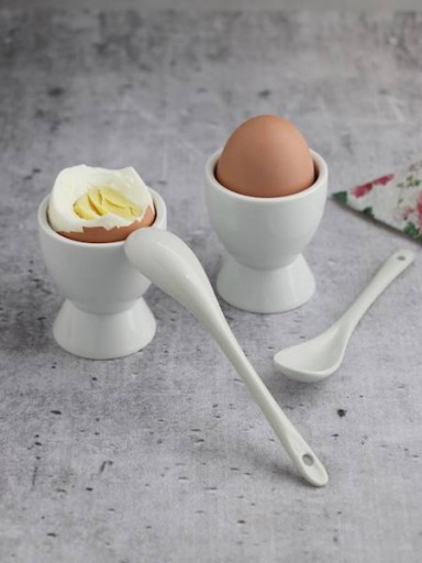Porcelánové poháre na vajíčka s bielymi lyžičkami, sada 4 ks