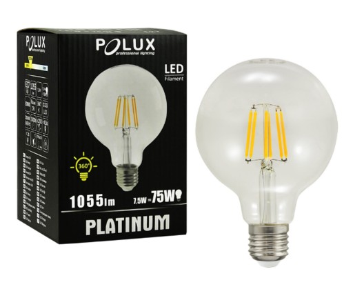 GLOB G95 E27 LED žiarovka 7,5W teplá 3000K 1055lm priehľadná POLUX