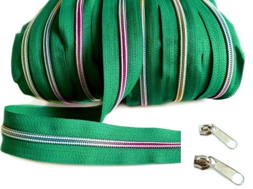 Dúhová špirálová páska na zips, zips 5 mm, ZELENÁ, 1 meter + 2 zipsy